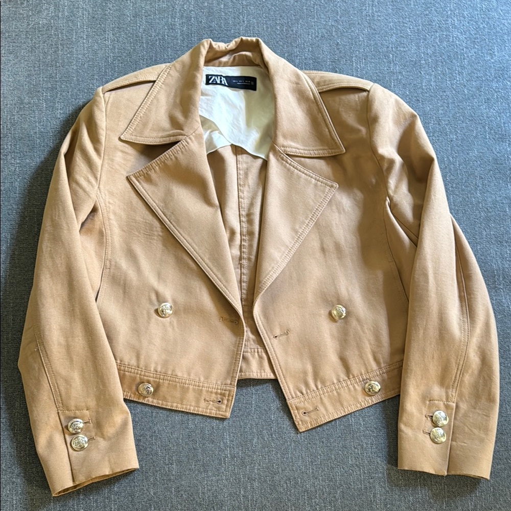 Zara Tan Cropped Blazer Lightweight Suit Jacket